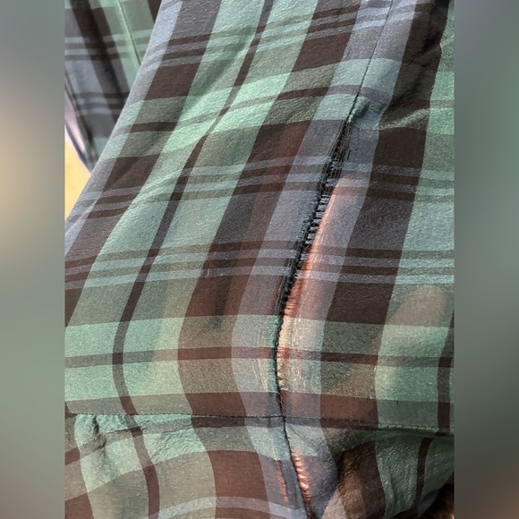 Madewell Plaid Silk Dress Sz 6 Christmas Holiday Party Blue Green Feather Hem - Picture 5 of 7